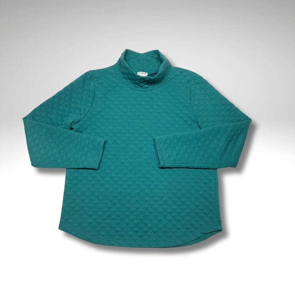 Cozy Coastal J.Crew Teal Green Quilted Funnel Neck Pullover | Quiet Luxury